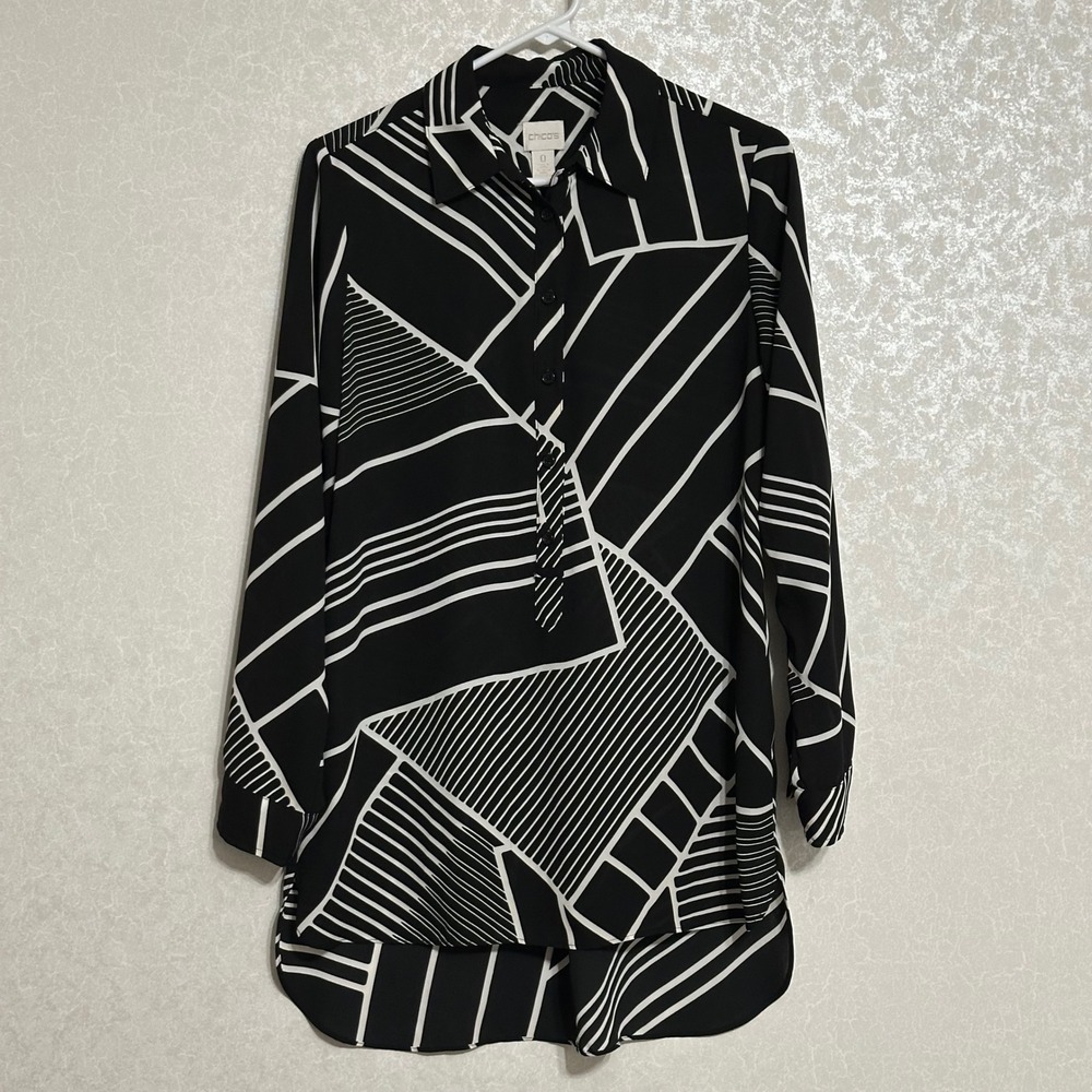 Chico's Black White Geometric Print Long Sleeve Tunic Shirt Semi Sheer Sz 0 S